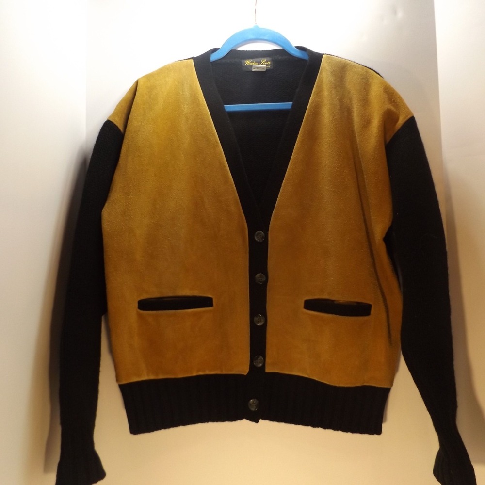 Vtg. Windsor Scott 100% Wool and Suede Cardigan Men's Size Medium